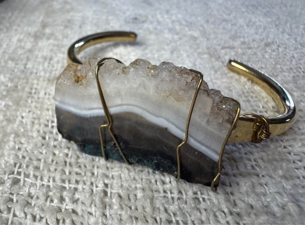 Bohemian Upcycled 70’s Gold Tone Brass Amethyst Stone Cuff Bracelet